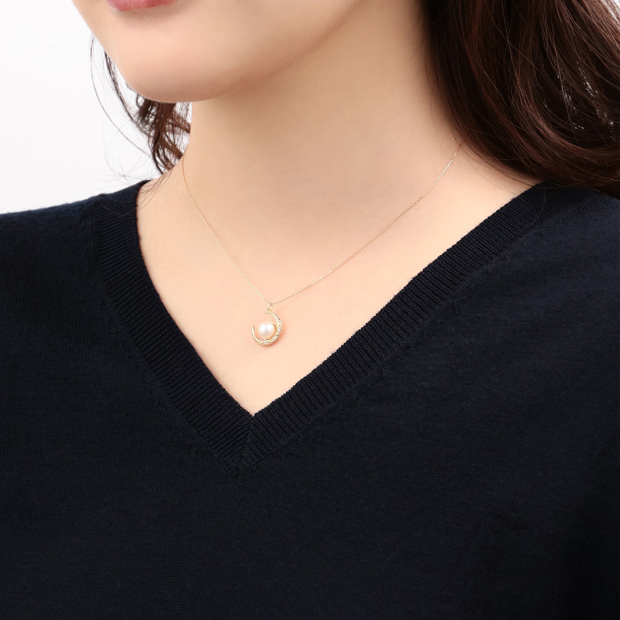 6月誕生石 K10 イエローゴールド あこや真珠 ムーン ネックレス