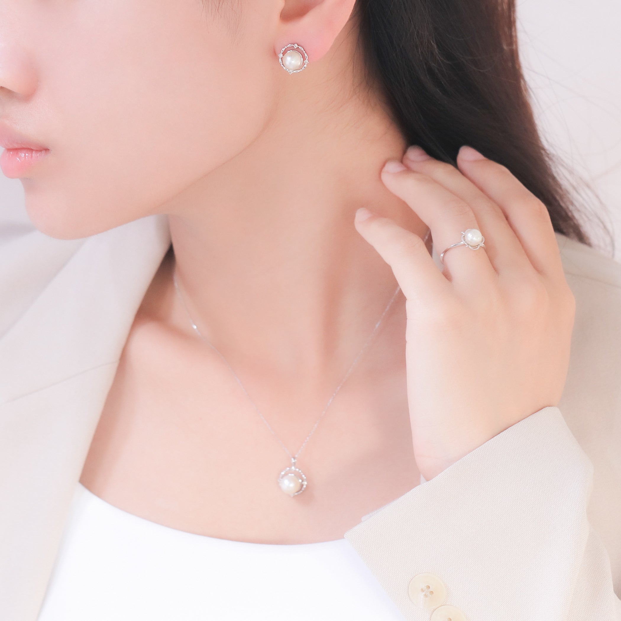 6月誕生石 K10 ホワイトゴールド あこや真珠 ピアス