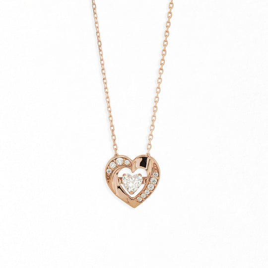 シルバー ピンクゴールドメッキ キュービックジルコニア ハート ダンシングストーン ネックレス