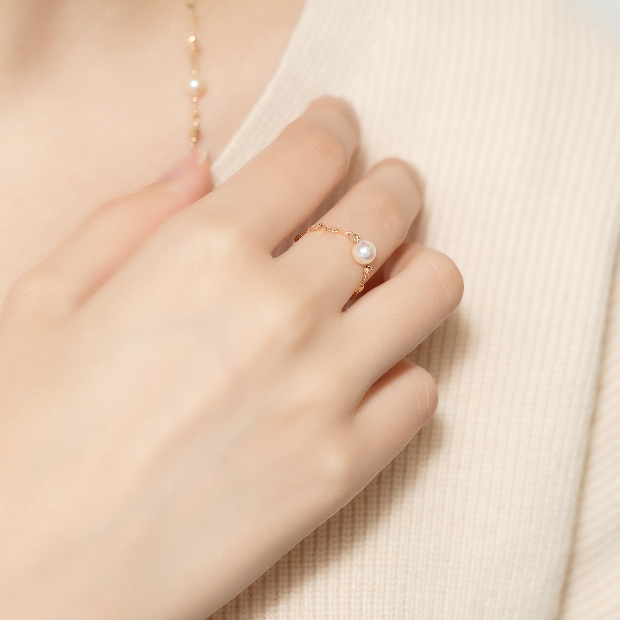 6月誕生石 K10 イエローゴールド あこや真珠 チェーンリング(指輪