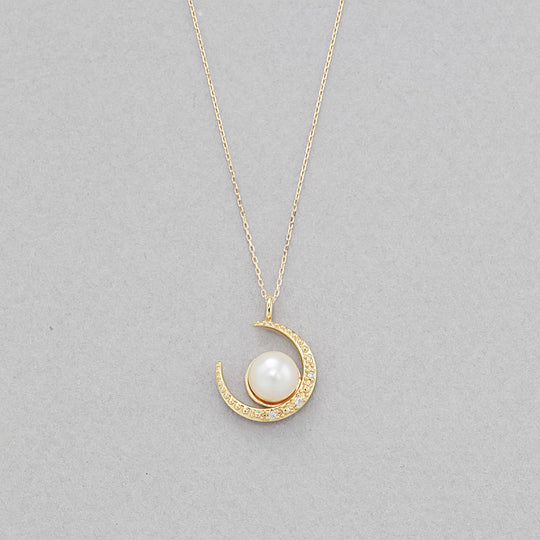 6月誕生石 K10 イエローゴールド あこや真珠 ムーン ネックレス